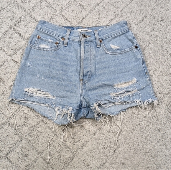Re/Done Shorts Women's 24 Blue Light Worn 10 70’s High Rise Raw Hem Button Fly - Picture 1 of 10